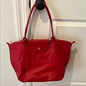 Red Lonchamp Le Pliage Leather Tote